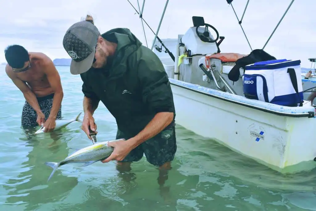 Man cutting fish open in ocean with saltwater knife