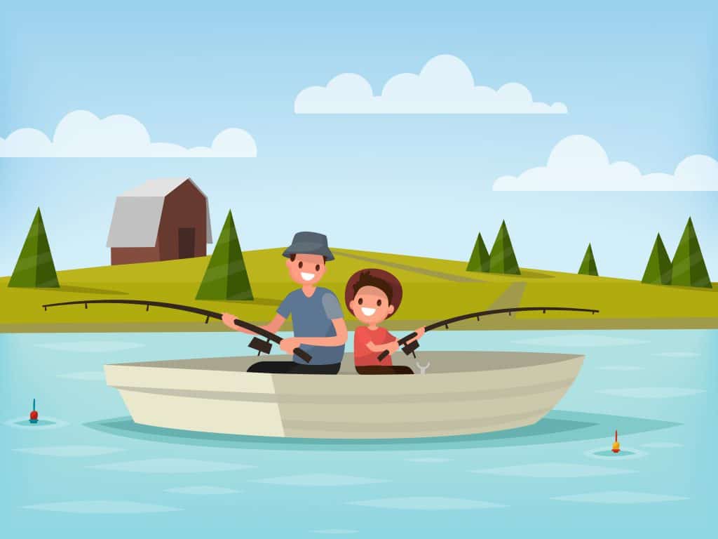 Taking Kids Fishing: Illustration of father and son sitting in a boat fishing in a lake