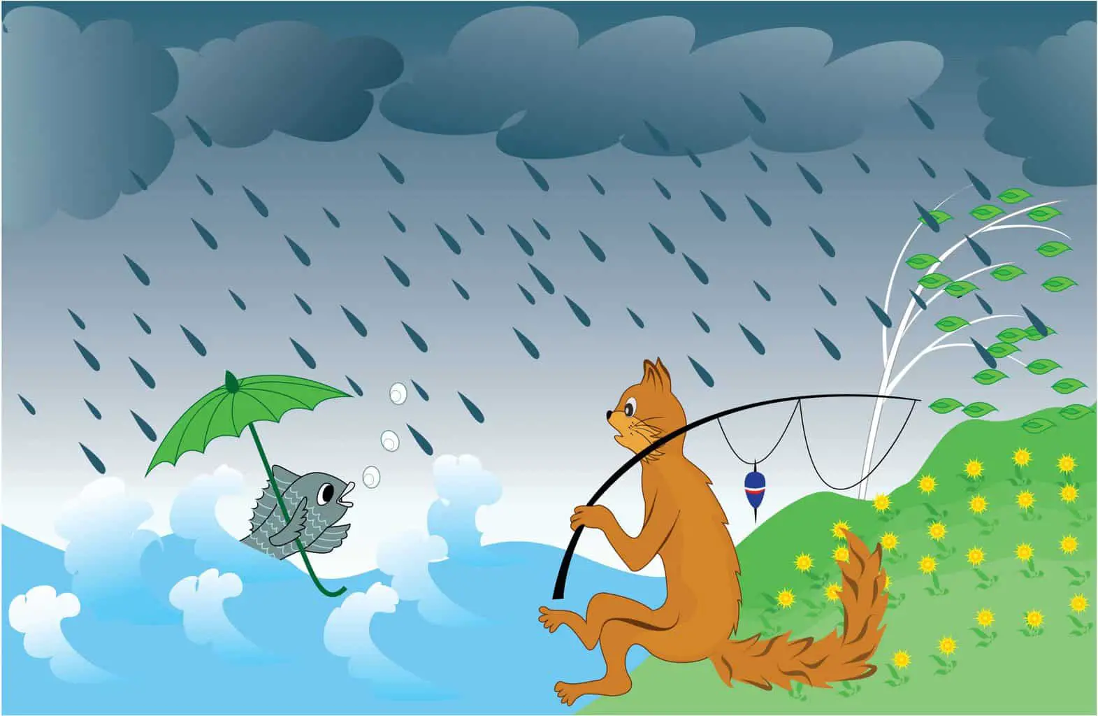 A cat fishing in the rain wondering about the fish who has an umbrella. is fishing in the rain good?
