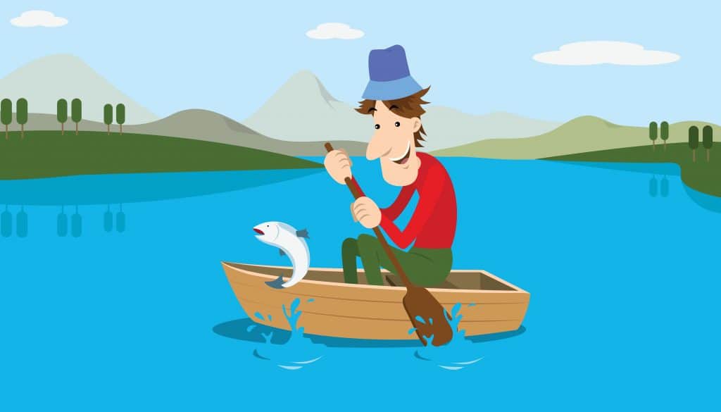 Best Time to Go Fishing - A comic about a man in a boat on a lake being there at the right time to see a fish jumping out of the water