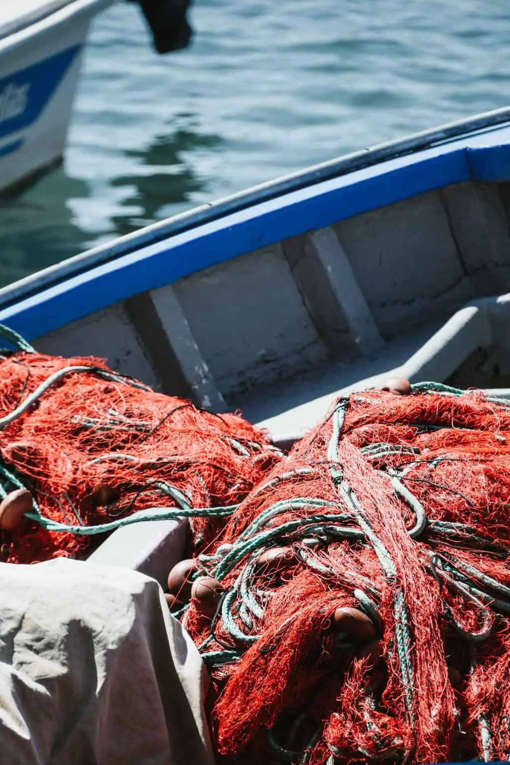 What is Drag Net Fishing? A red net on a fishing boat.