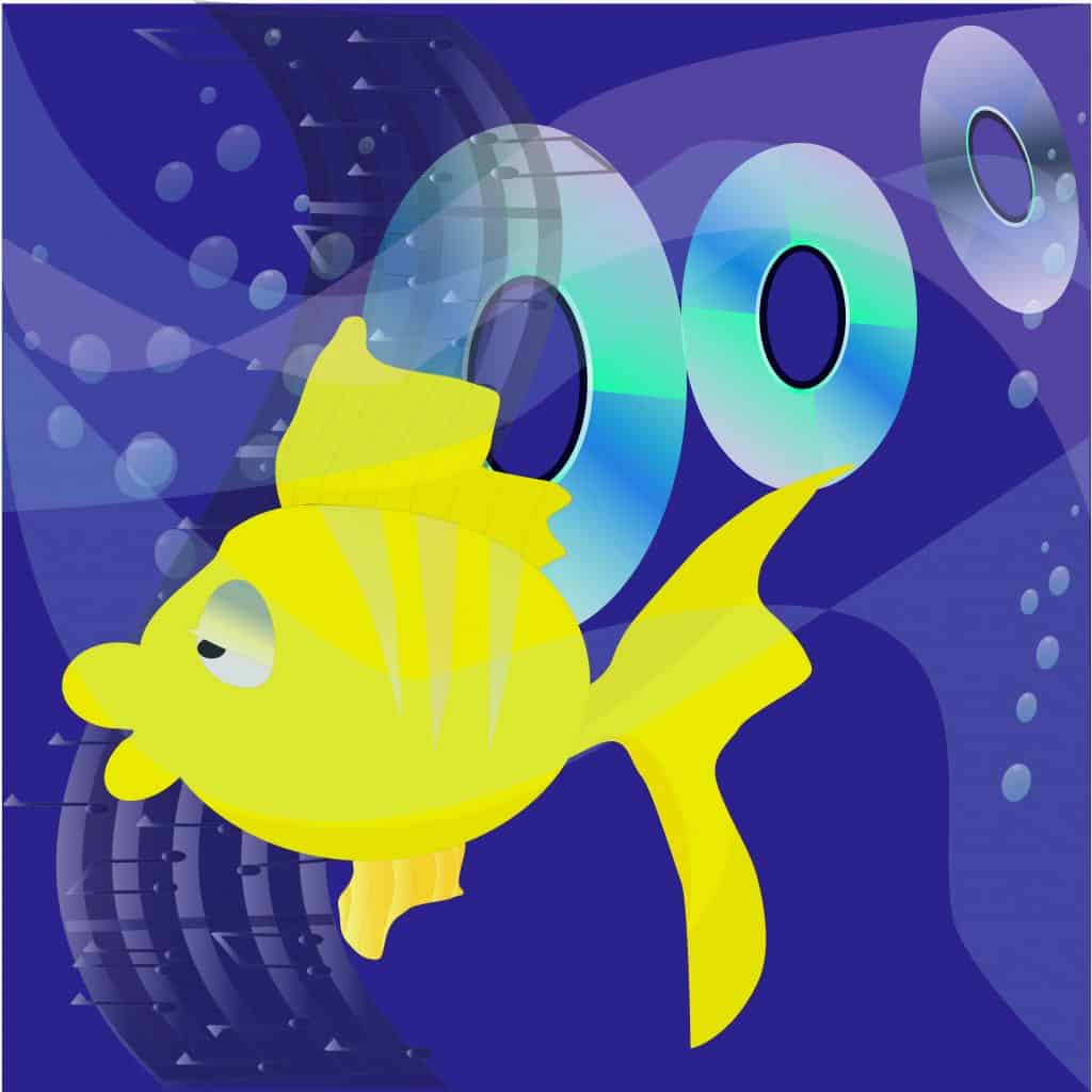 do fish like music? a drawing of a yellow fish in the water listening to music