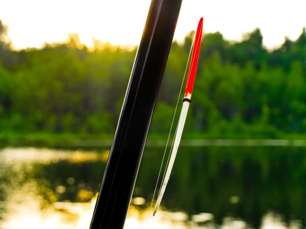 Photo of the fishing float against the lake and forest background