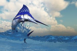 An illustration of a blue marlin jumping out of the ocean